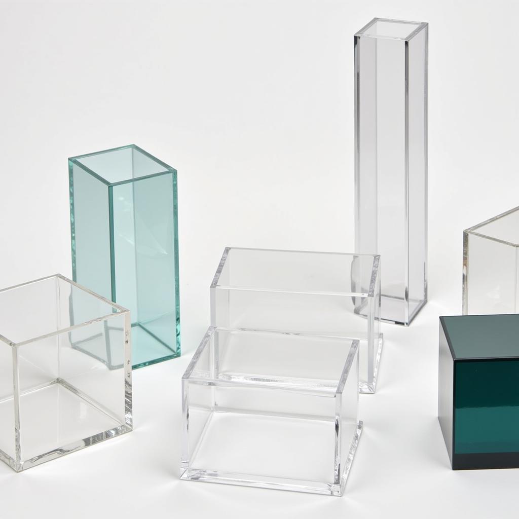 Various types of acrylic boxes suitable for displaying art, including different shapes, sizes, and thicknesses.