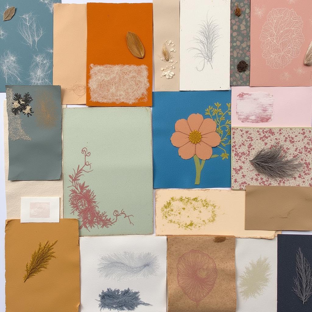 A collection of handmade art papers showcasing various textures, colors, and fiber inclusions.