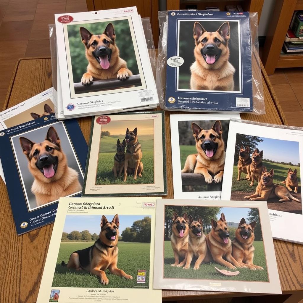 A variety of German Shepherd diamond art kits, showcasing different poses, styles, and sizes.