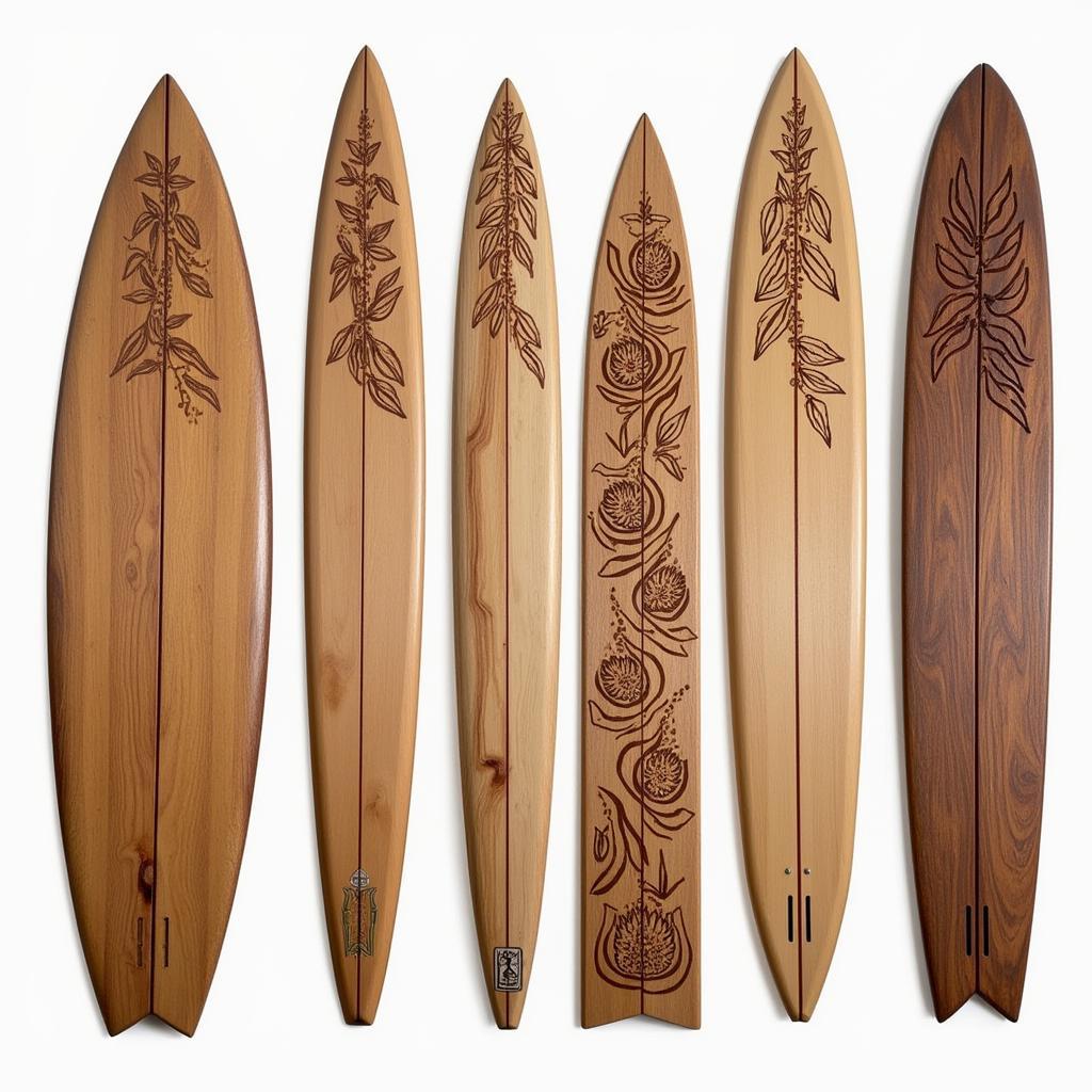 Different styles of surfboard wood wall art displayed in a gallery setting