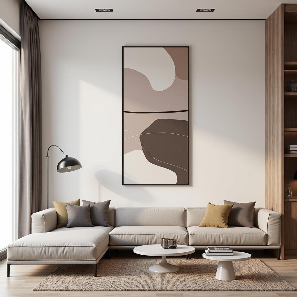 Vertical long wall art adds a touch of elegance to a modern living room, creating a captivating focal point.