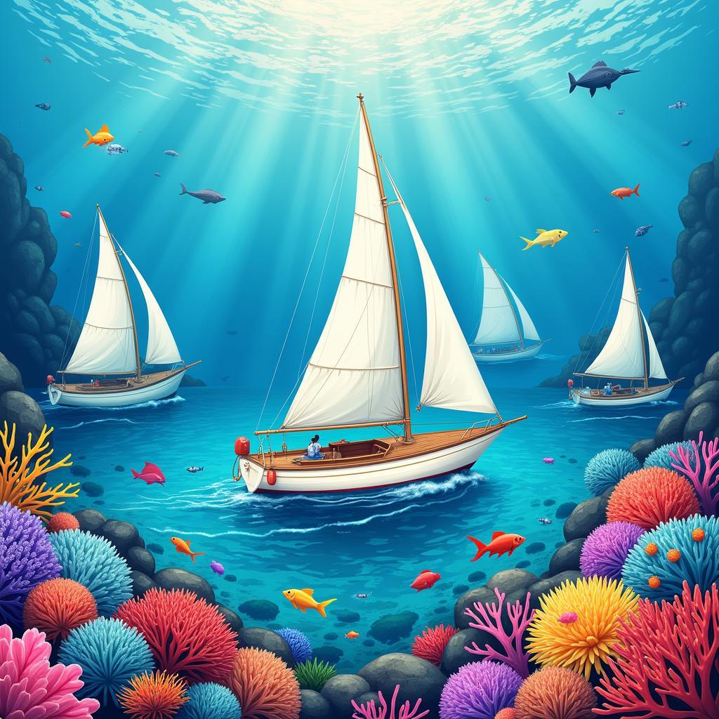 Vibrant Coral Reef Sailboat Art Prints