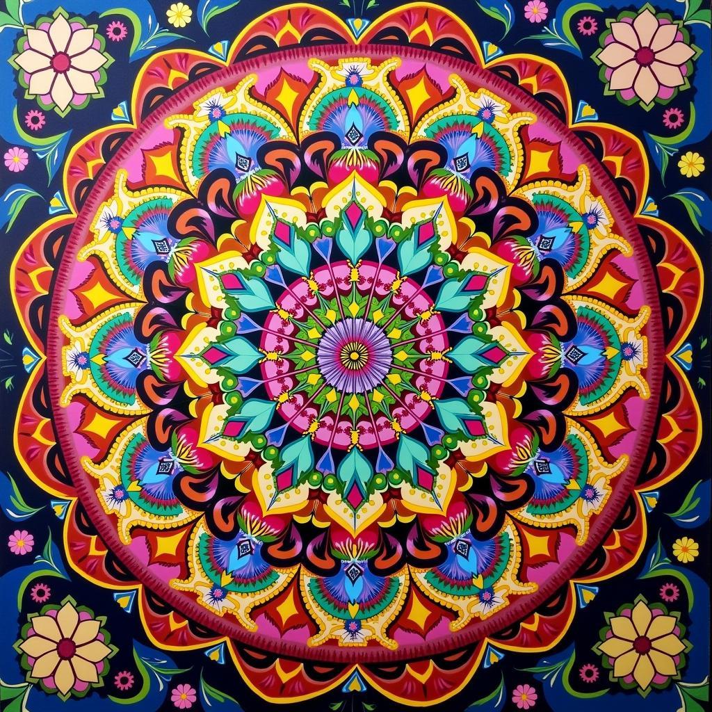 A vibrant and intricate mandala on canvas, bursting with color and detail