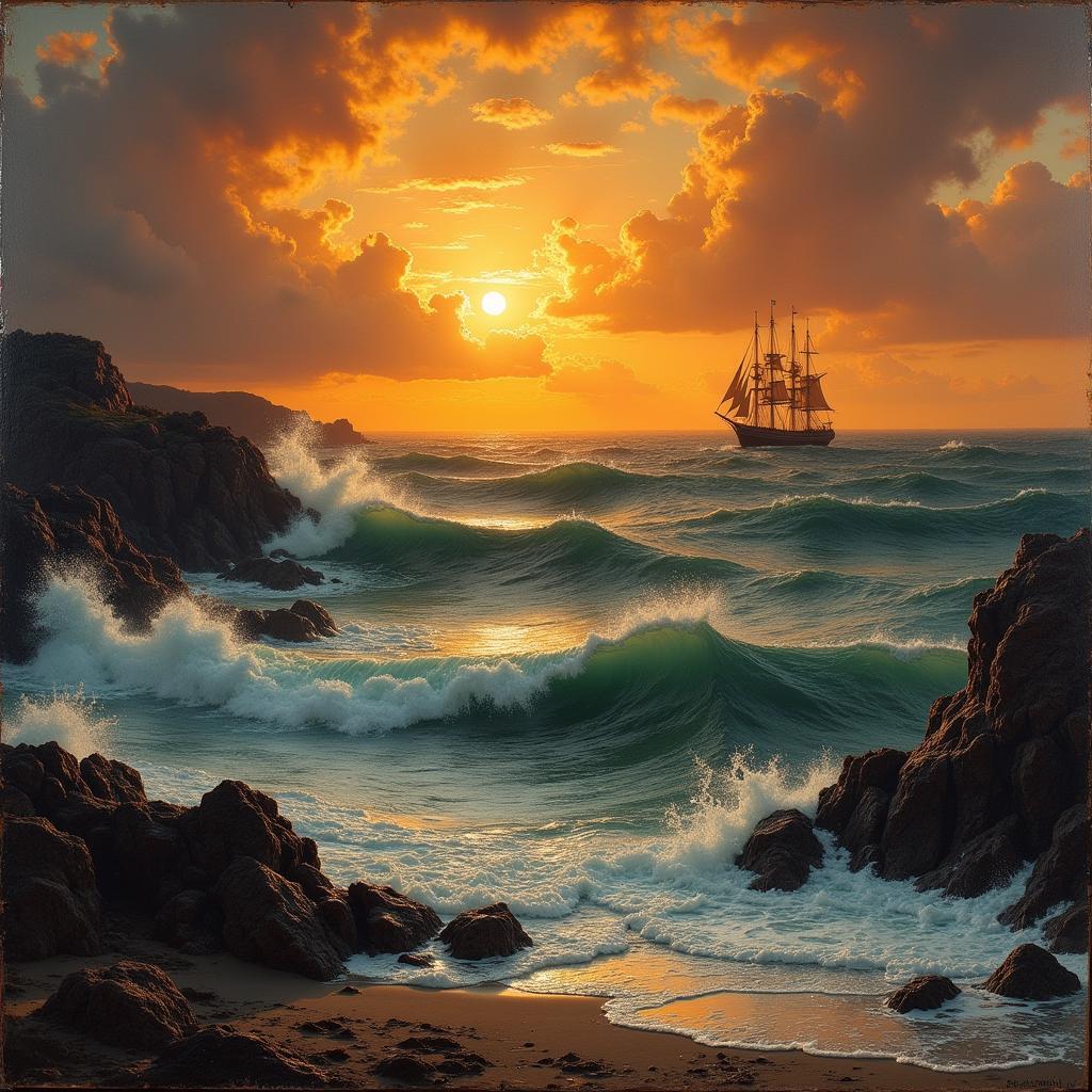 A Victorian seascape with a dramatic sunset and a lone sailing ship