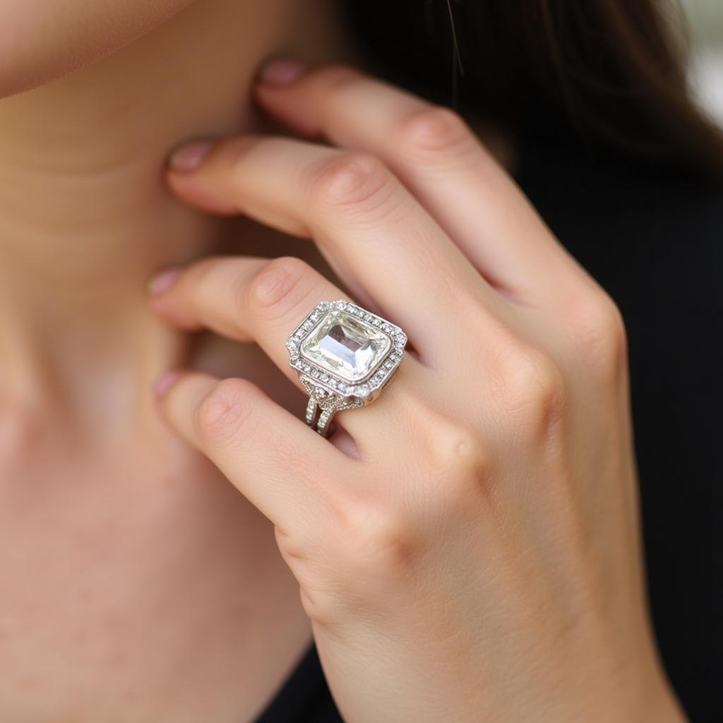 Vintage Art Deco Diamond Cocktail Ring with Emerald Cut Diamond