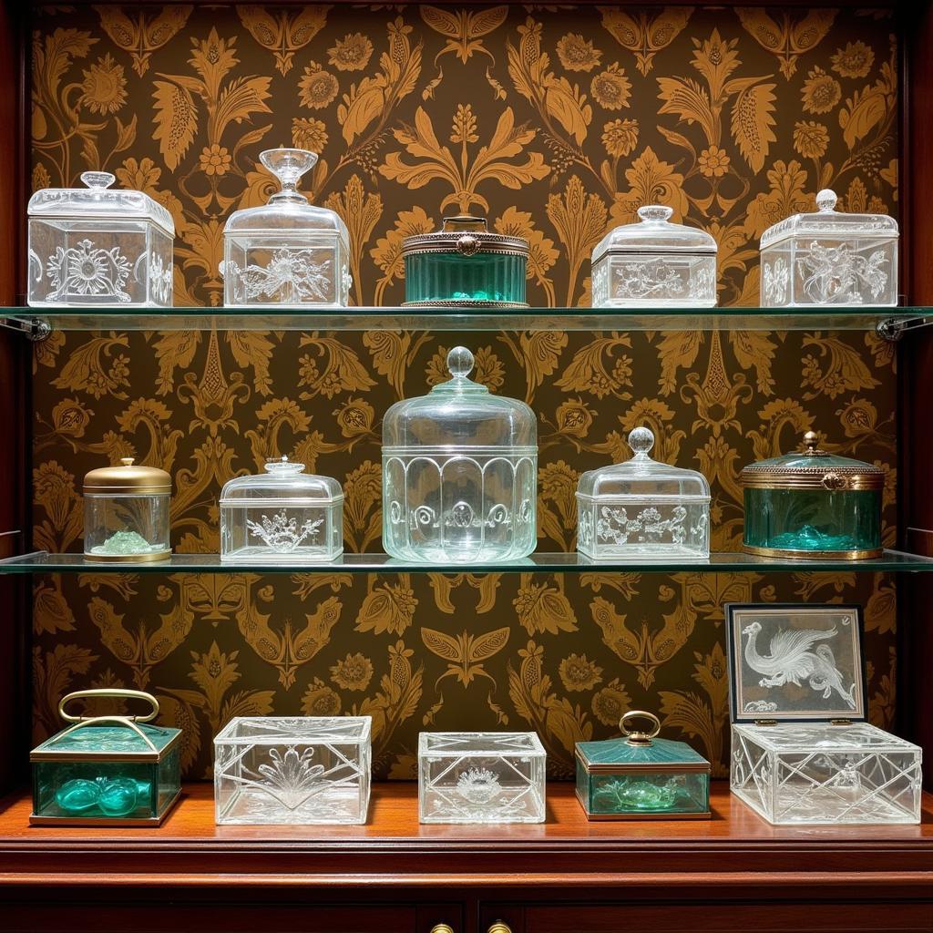 A collection of vintage Art Deco glass boxes.