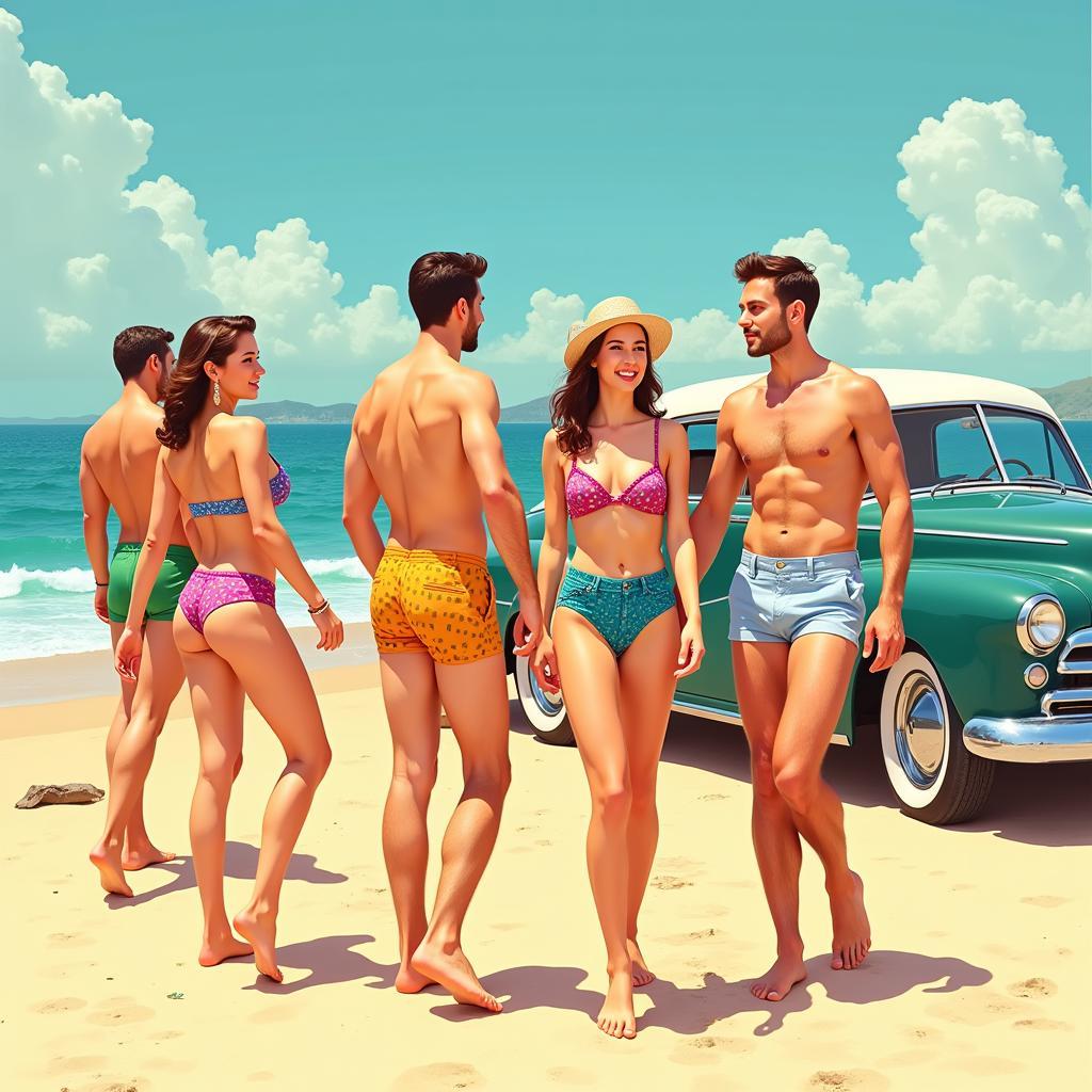 Vintage Bathing Suit Art 1950s Beach Scene