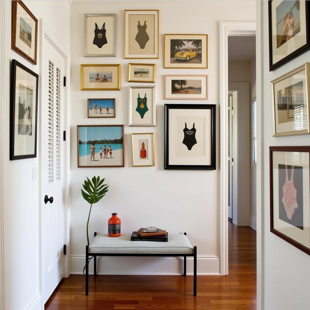 A gallery wall featuring a mix of vintage bathing suit art and other retro items.