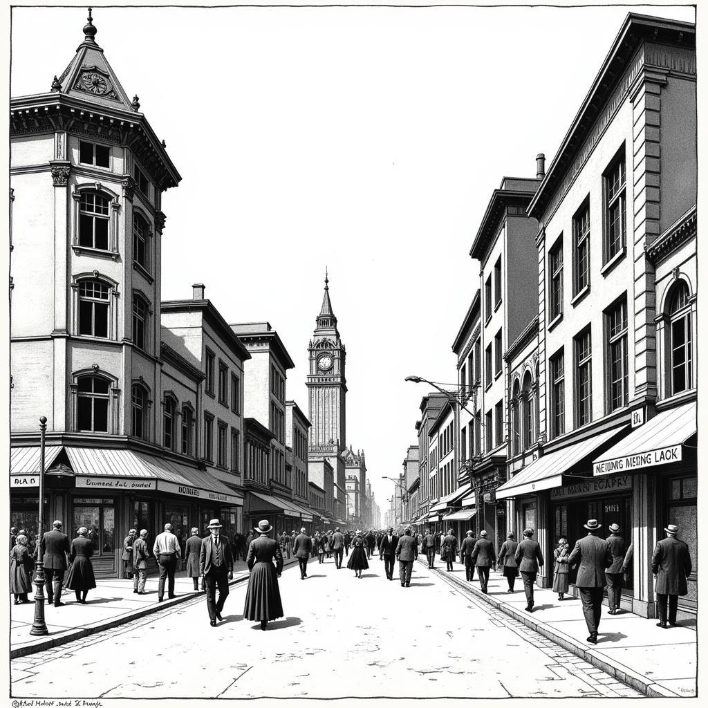 Vintage Black and White Illustration of a Cityscape: A detailed ink drawing of a bustling city street from the early 20th century, showing architecture and street life.