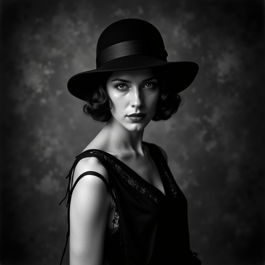 Vintage Black and White Portrait Photography: A woman in 1920s attire poses for a dramatic portrait, highlighting the use of light and shadow in classic photography.