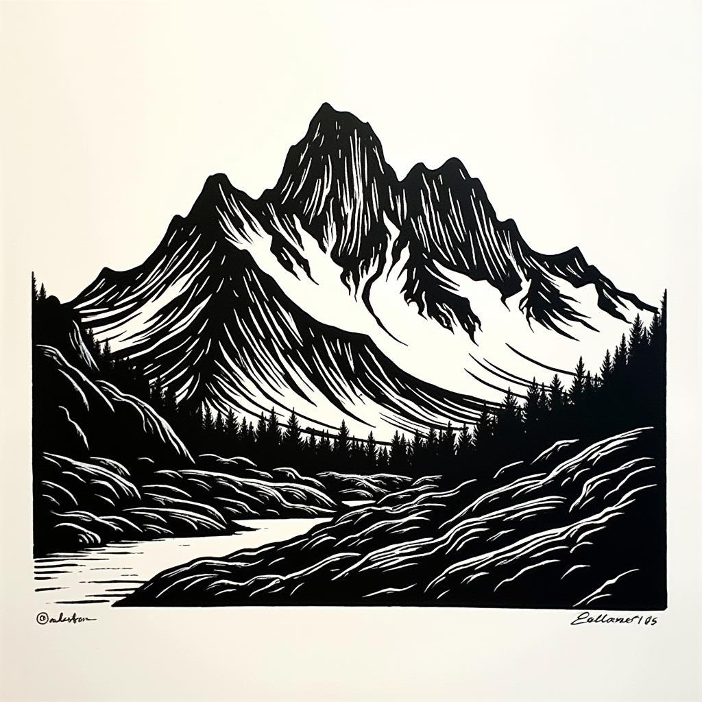 Vintage Black and White Woodcut Landscape: A woodcut print depicting a serene mountain landscape with a focus on texture and contrast.