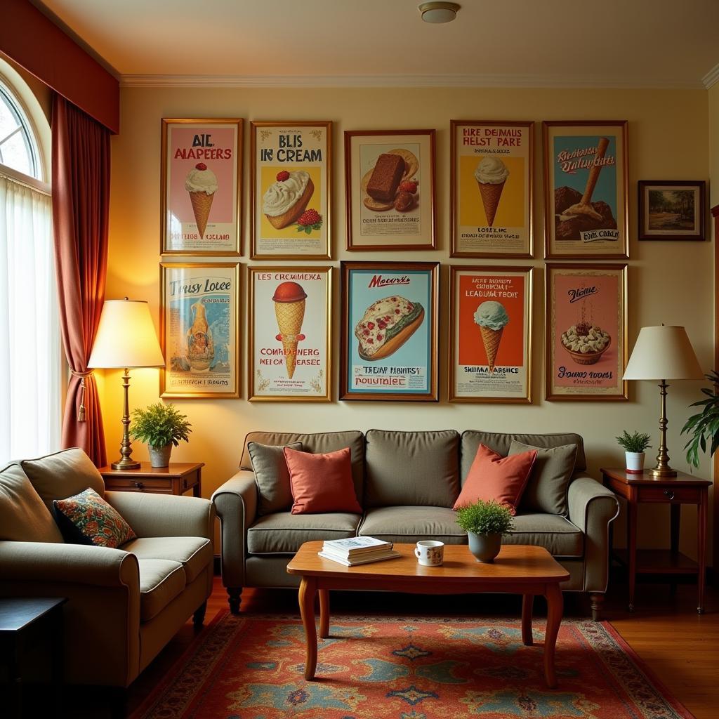 Vintage ice cream posters add a retro vibe to a living room