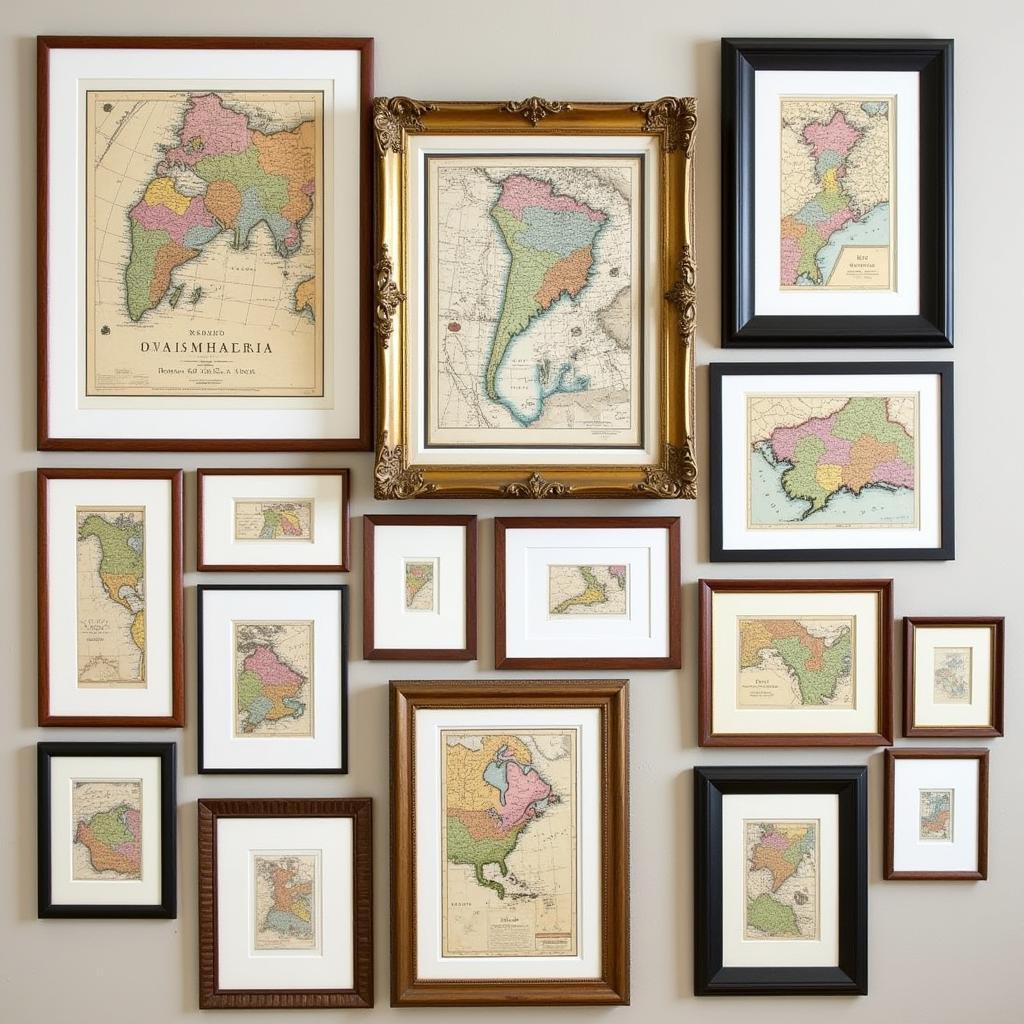 A collection of vintage map art prints showcasing various styles and framing options.