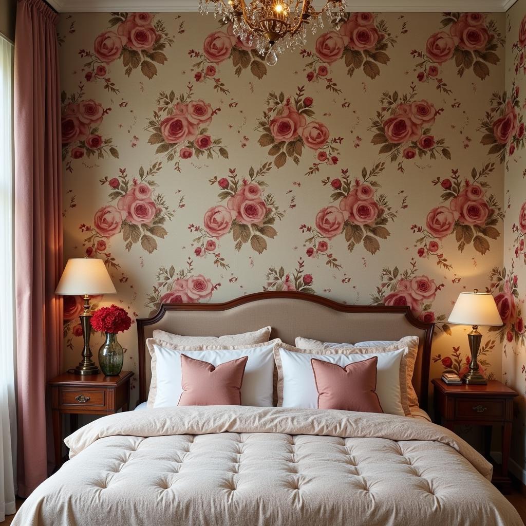 Vintage Rose Wallpaper in a Bedroom