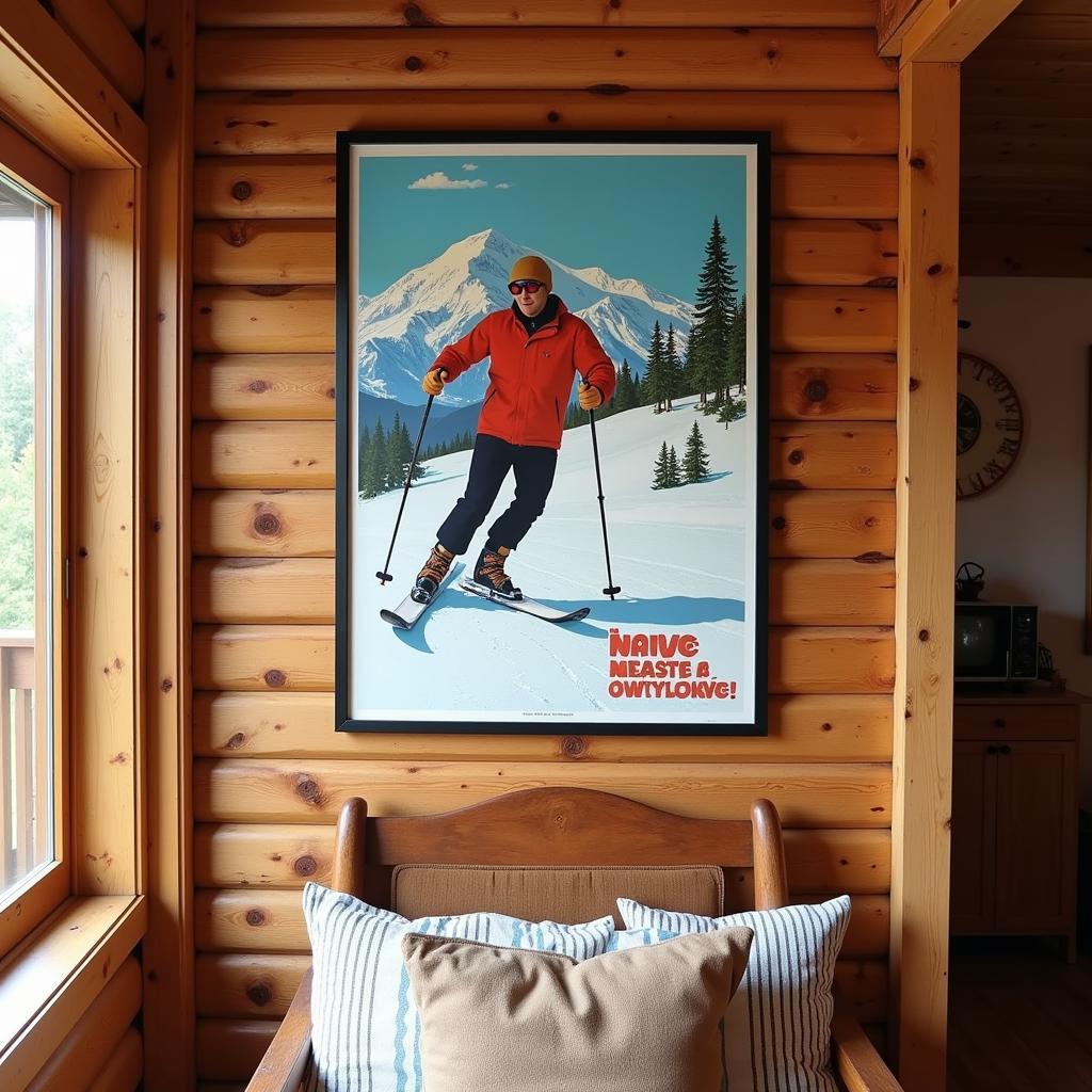 Vintage ski posters add a nostalgic touch to a mountain cabin, showcasing classic ski scenes and vibrant colors.