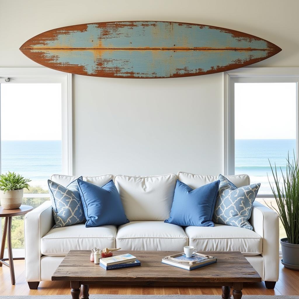 Vintage Surfboard Wall Art in a Living Room