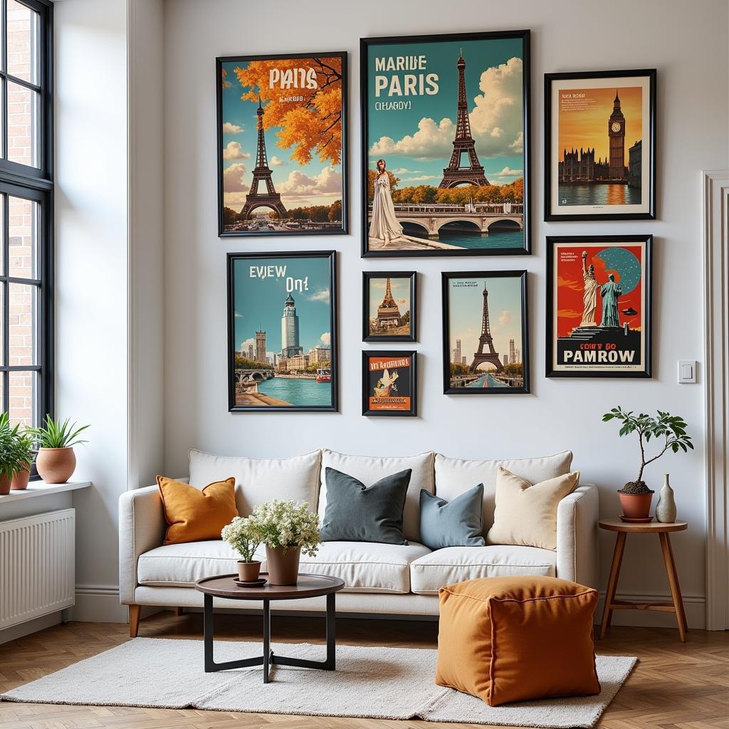 A gallery wall featuring vintage travel posters from various destinations around the world