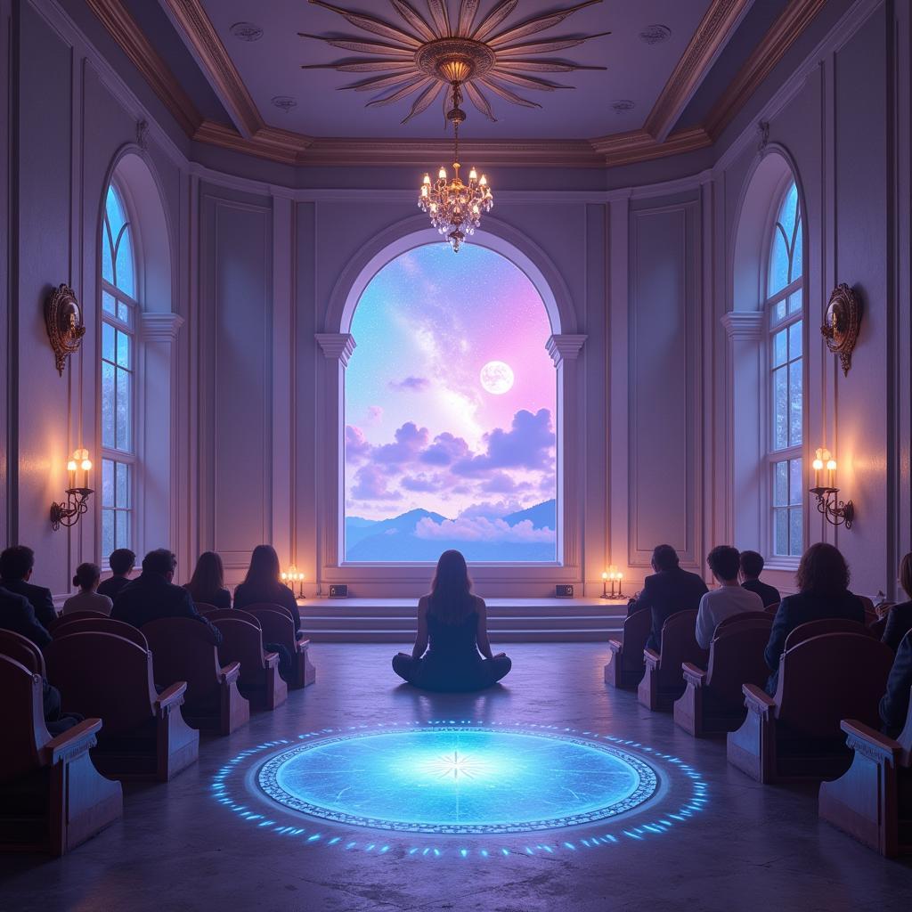 Virtual Reality Meditation Chapel: A person wearing a VR headset sits in a meditative pose within a virtual chapel, surrounded by calming visuals and ambient sounds.