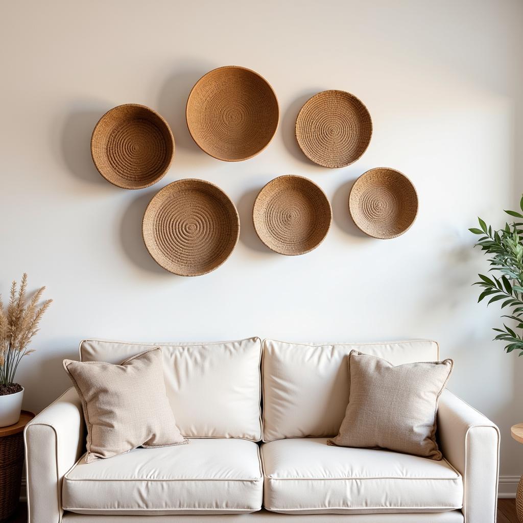 Wall art baskets add texture to a living room