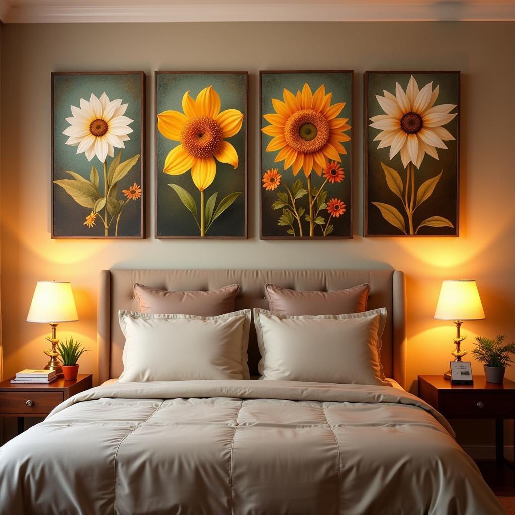 Bedroom decor with four wall art panels