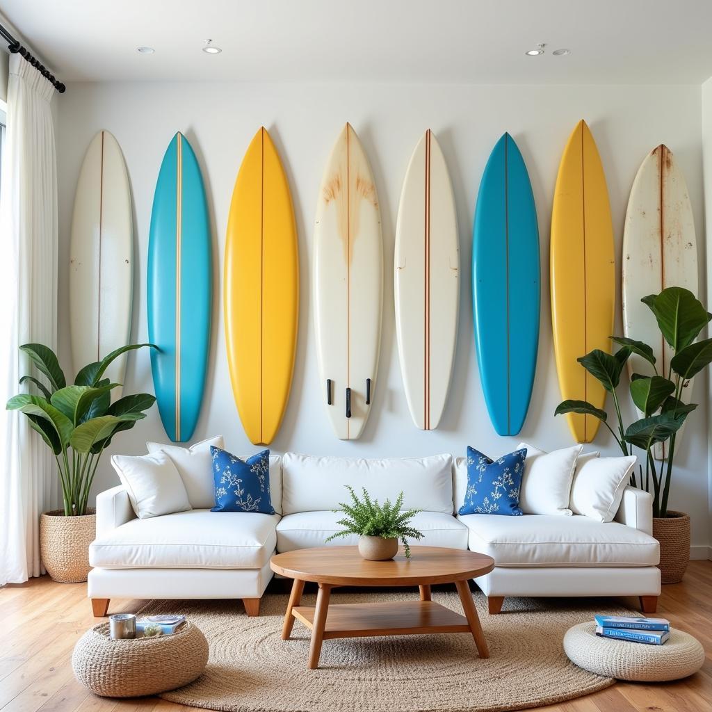 Wall art surfboard adds a coastal touch to living room decor