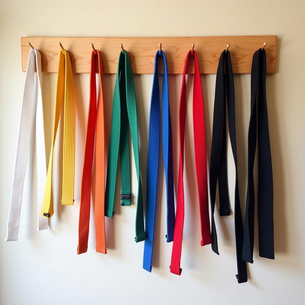 Wall-mounted martial arts belt display with multiple belts neatly arranged.