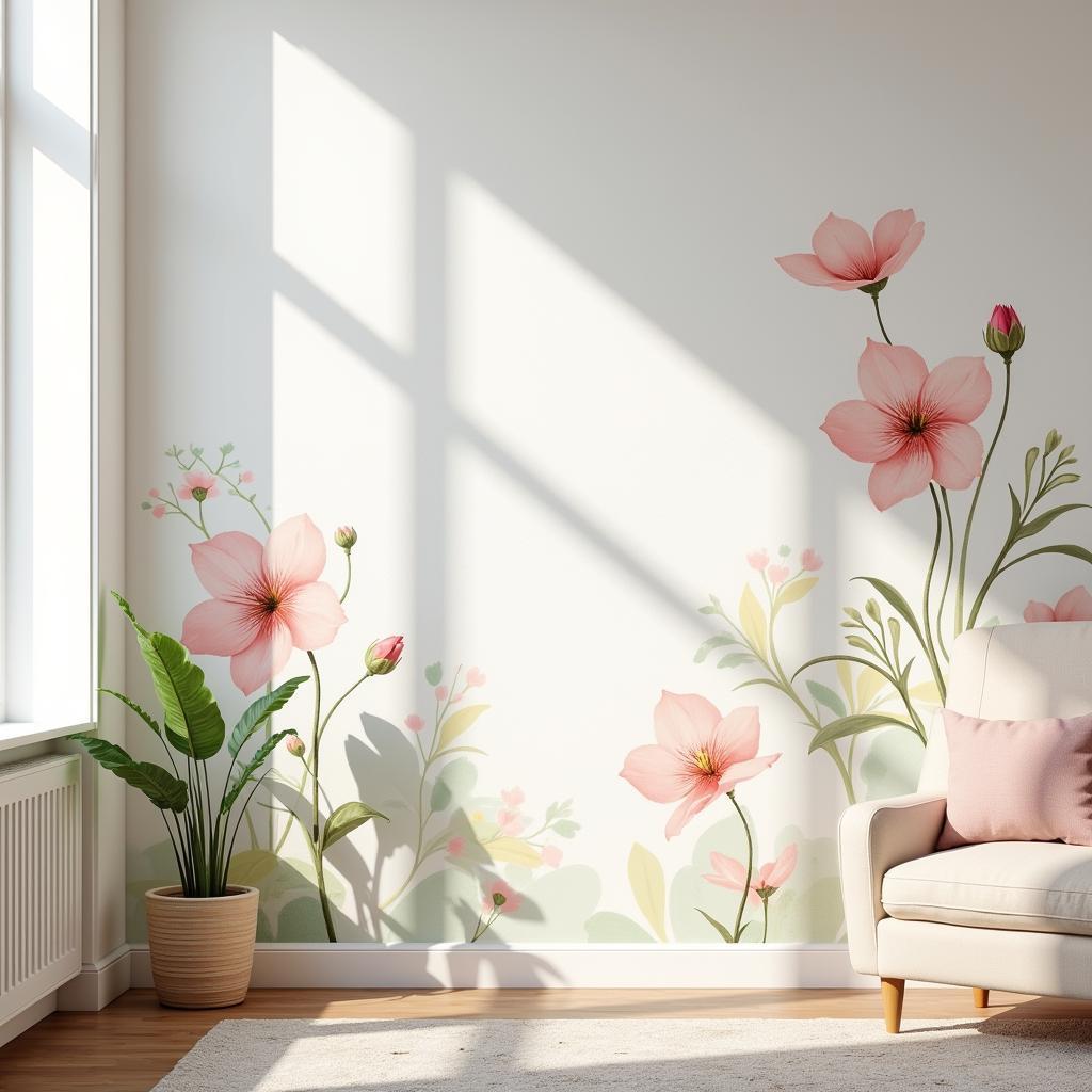 Watercolor Flower Wallpaper in a Living Room