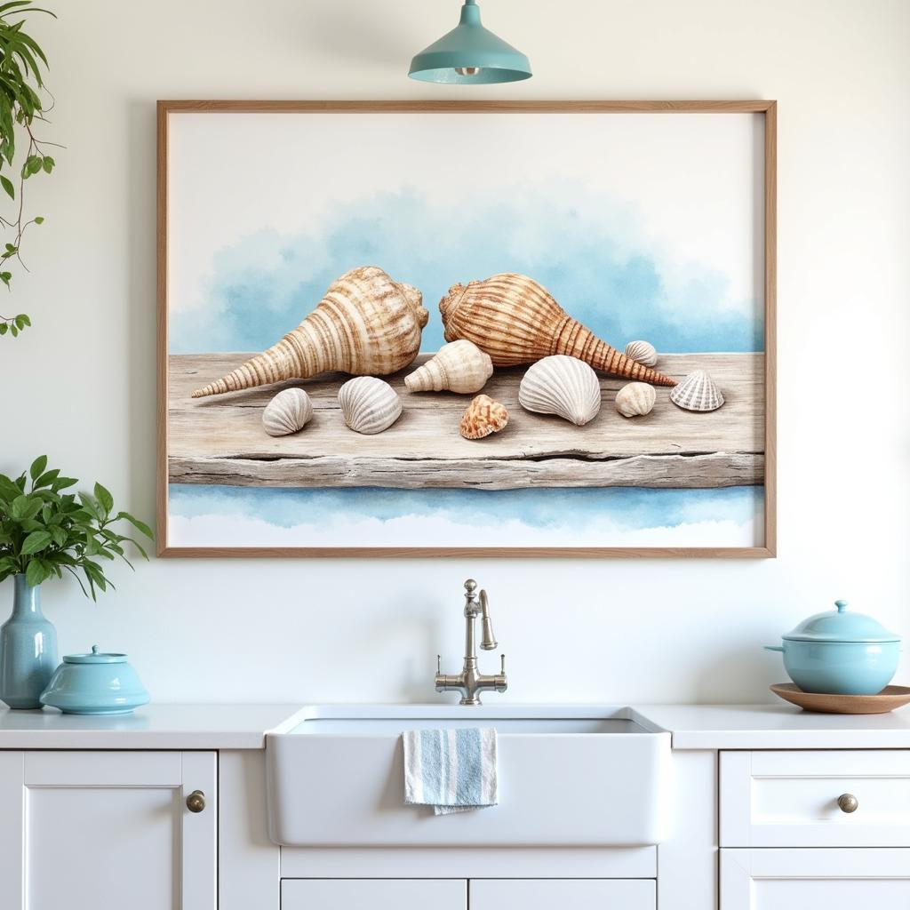 Watercolor painting of seashells in a coastal-themed kitchen