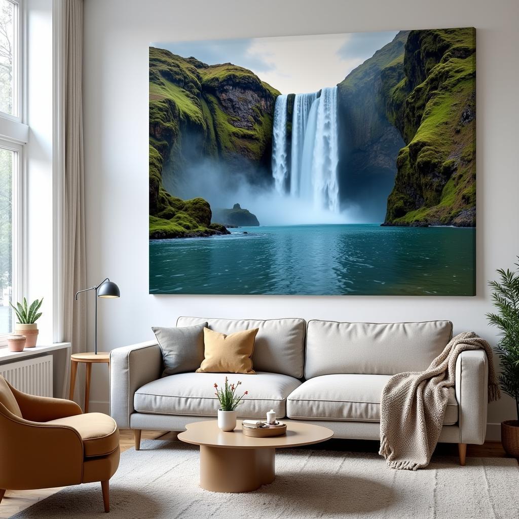 Waterfall Canvas Art in a Modern Living Room