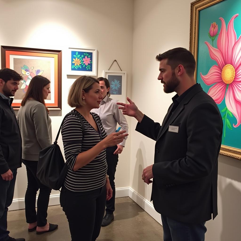 An artist interacts with visitors at the West Nashville Art Crawl, discussing their artwork and creative process.