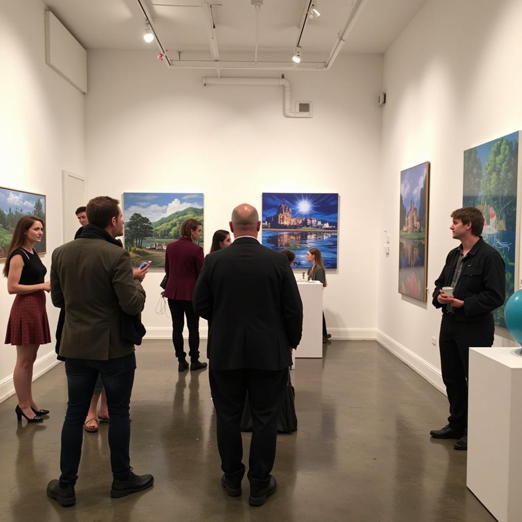 Inside a gallery at the West Nashville Art Crawl, showcasing diverse artworks and engaged visitors.