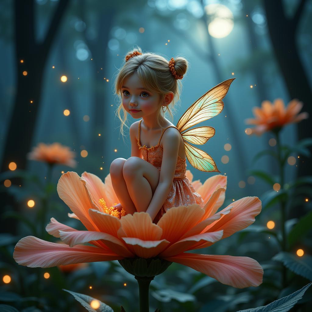 Whimsical faerie with iridescent wings resting on a vibrant flower, surrounded by glowing fireflies in a moonlit forest.