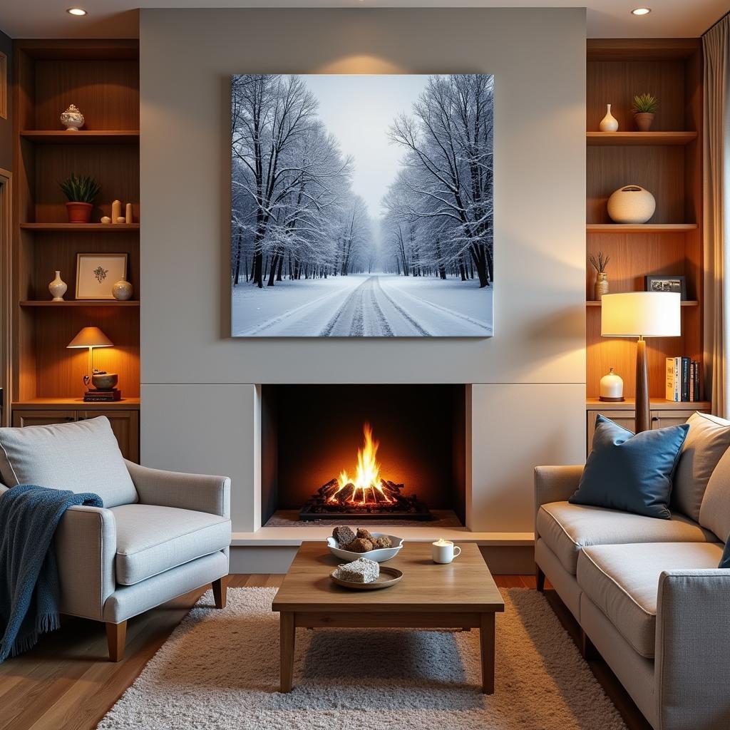 Winter Canvas Prints Displayed Above a Fireplace