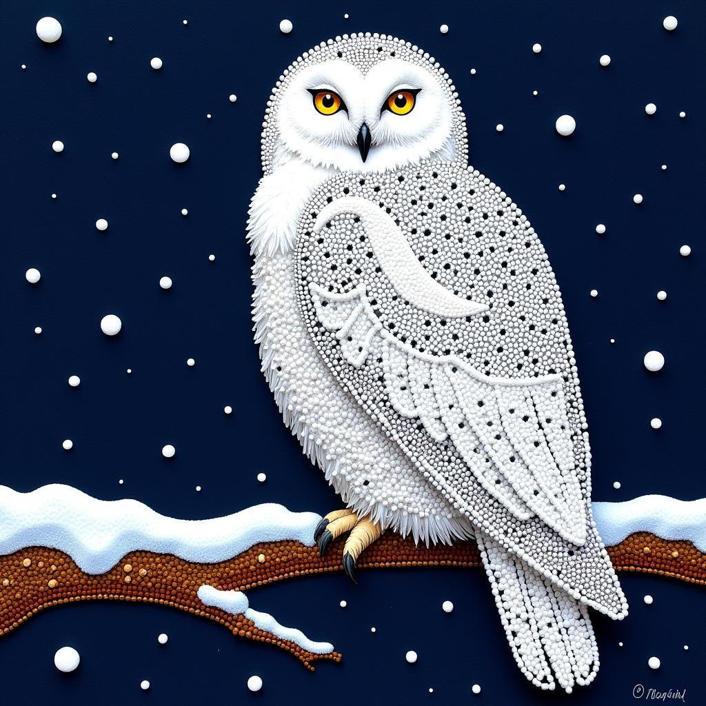 Dot Art Representation of a Snowy Owl on a Branch