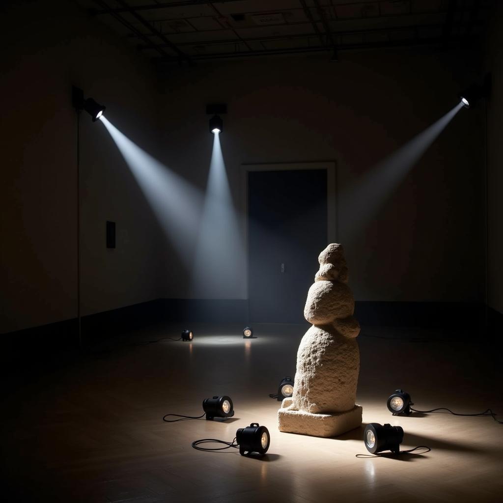 Wireless spotlights highlighting a sculpture in a dimly lit room