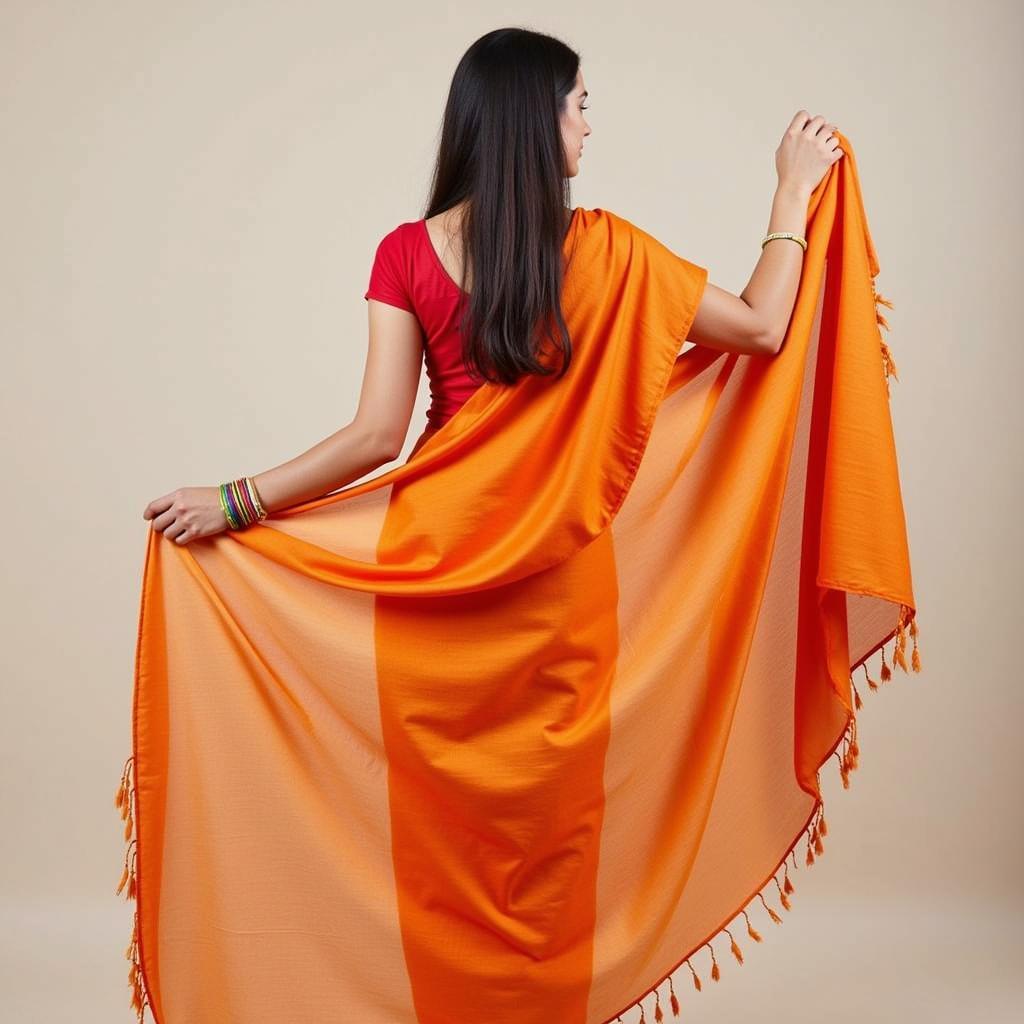 Woman gracefully draping a vibrant art silk saree