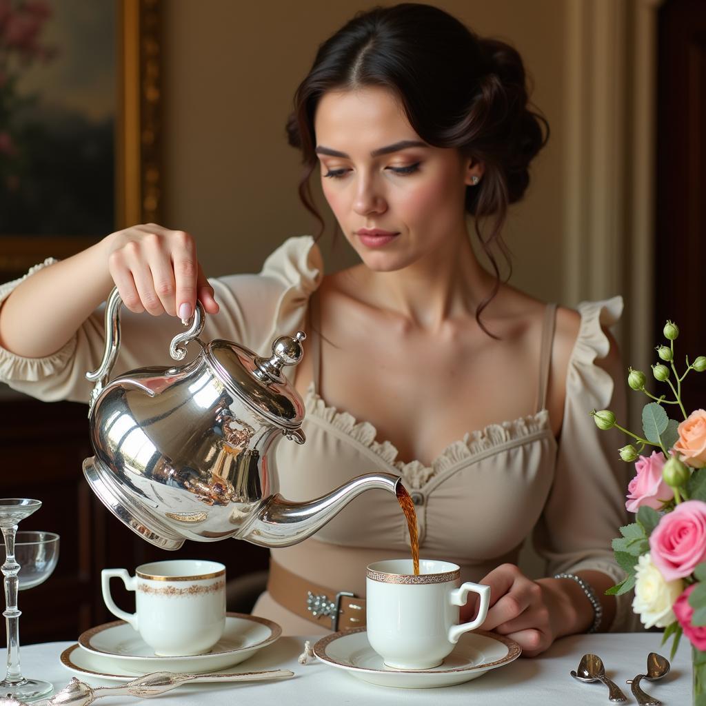 A woman elegantly pouring tea from an art deco silver teapot into a delicate china cup.