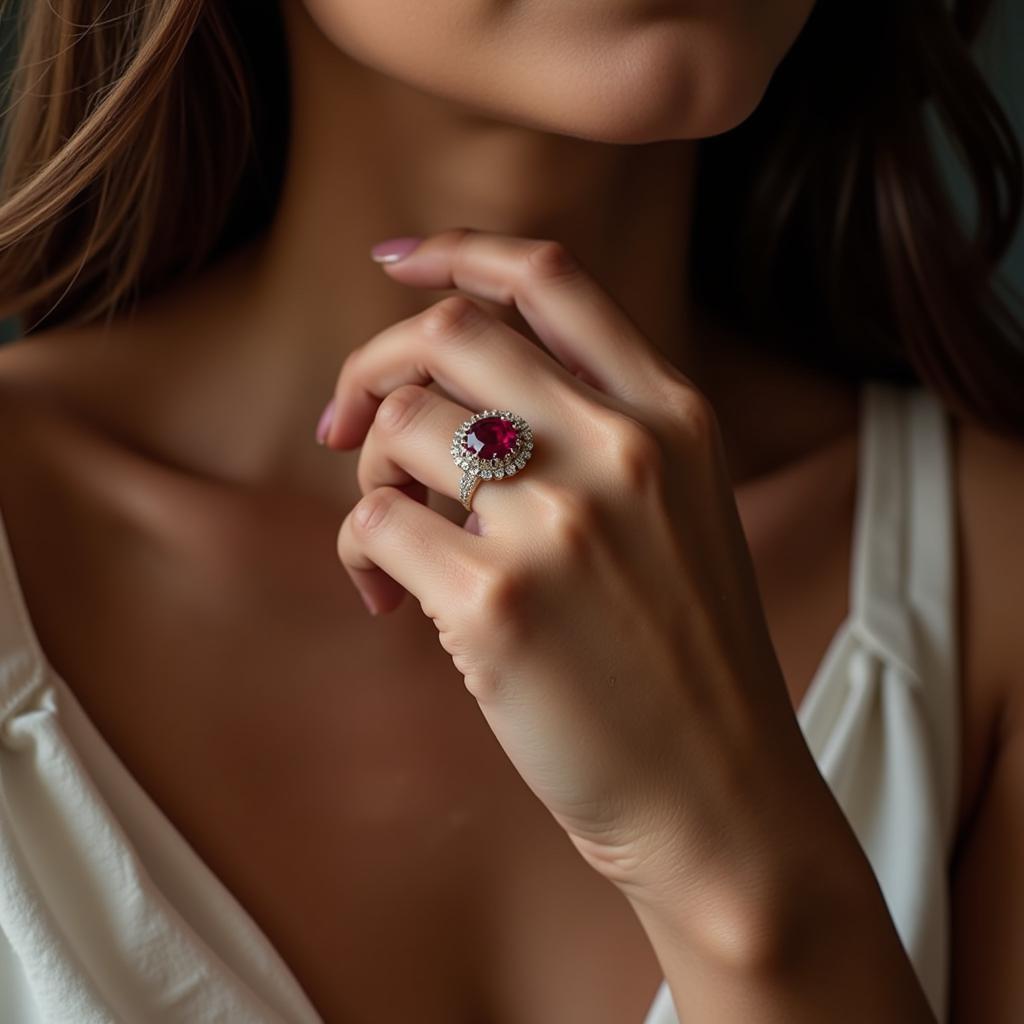 Woman Wearing an Art Nouveau Ruby Ring