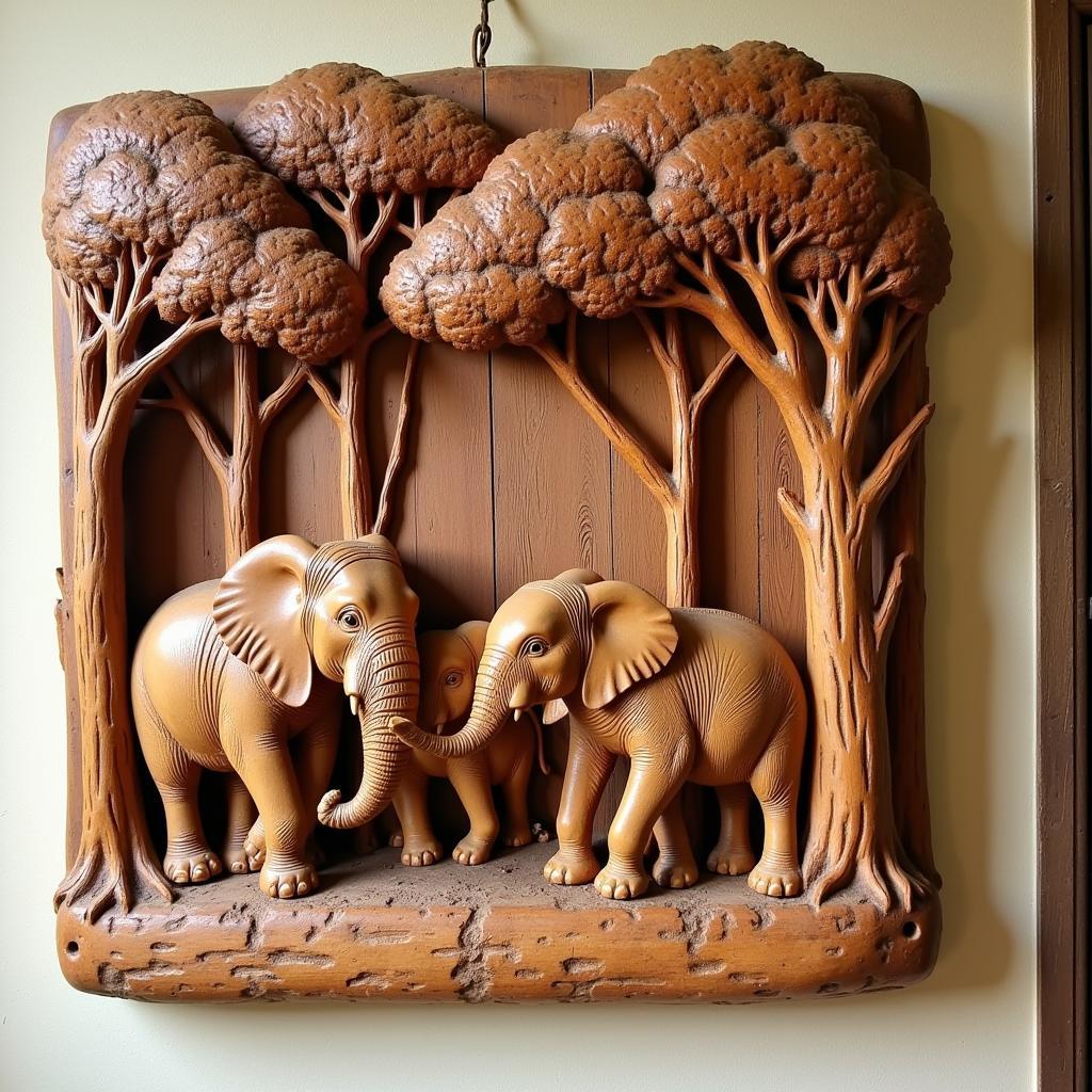 Wooden 3D Elephant Wall Art Family Scene