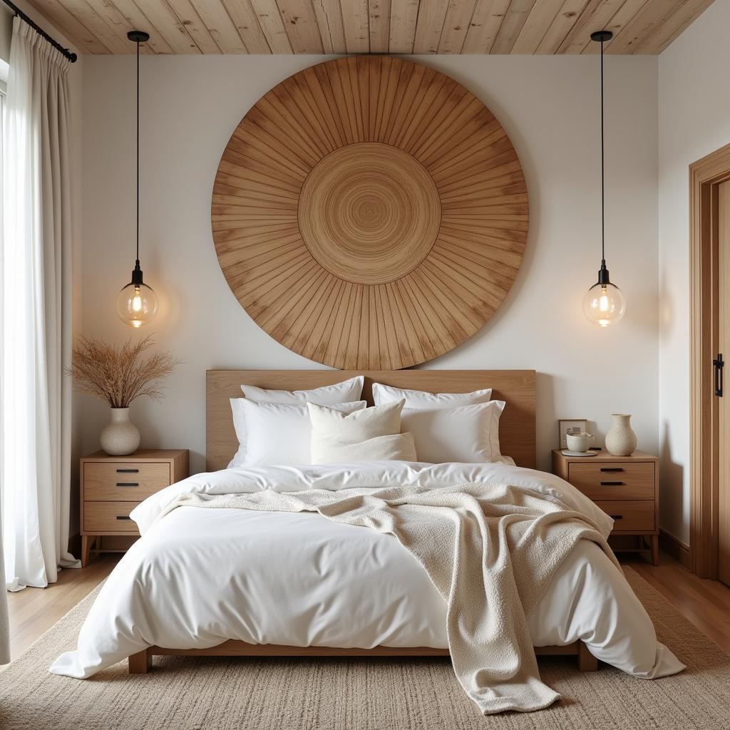 Wooden mandala wall art hung above a bed in a bedroom