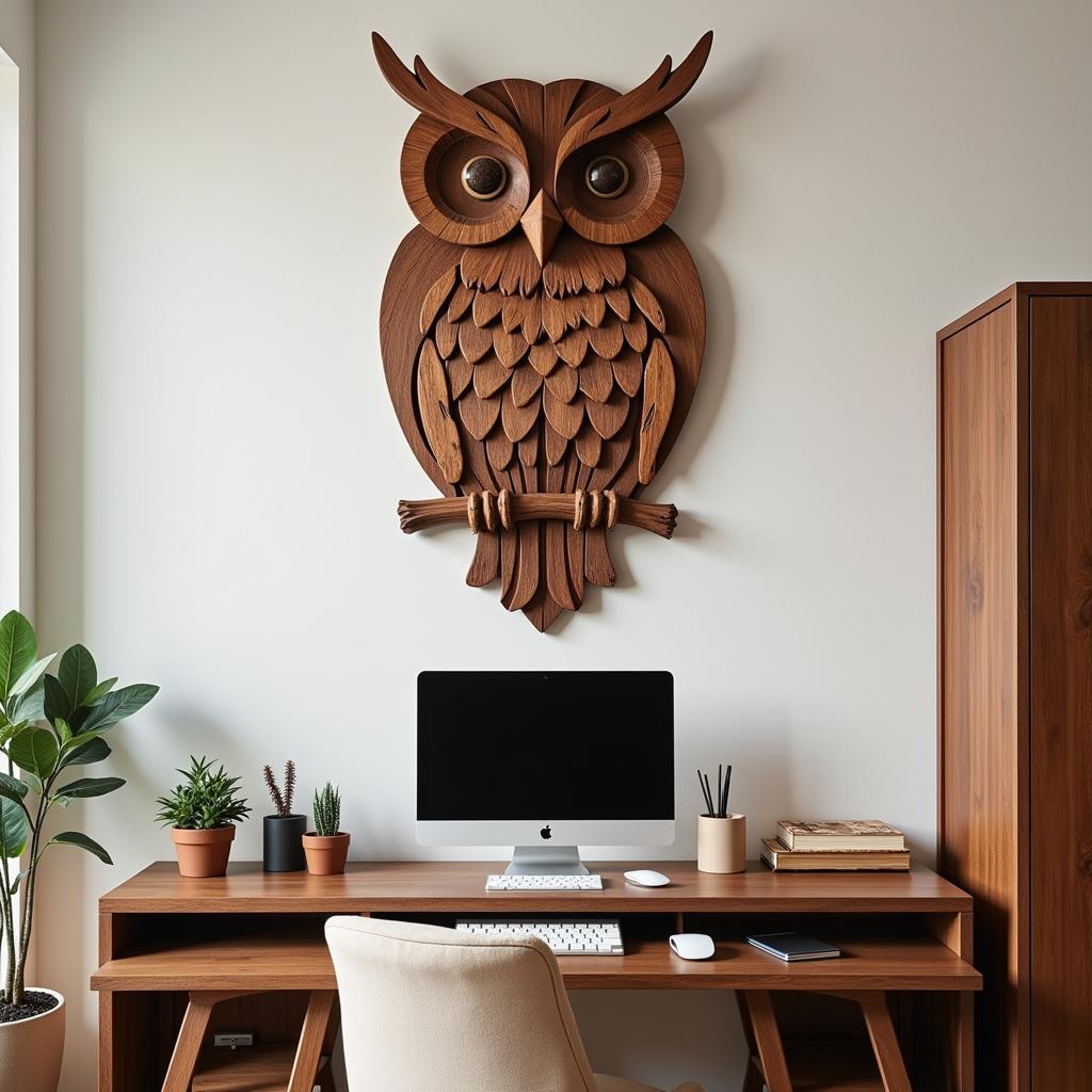 Wooden owl wall art in a home office setting