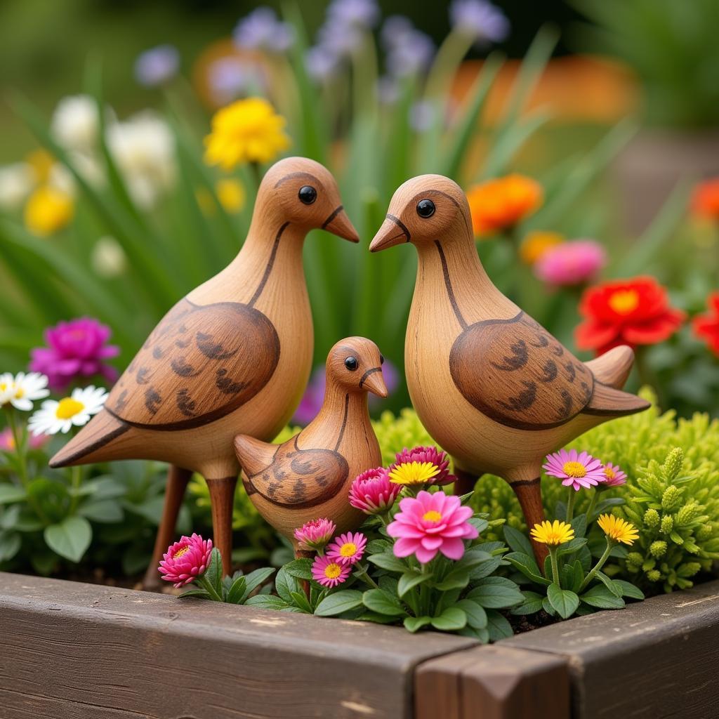 Wooden Quail Family in a Flowerbed