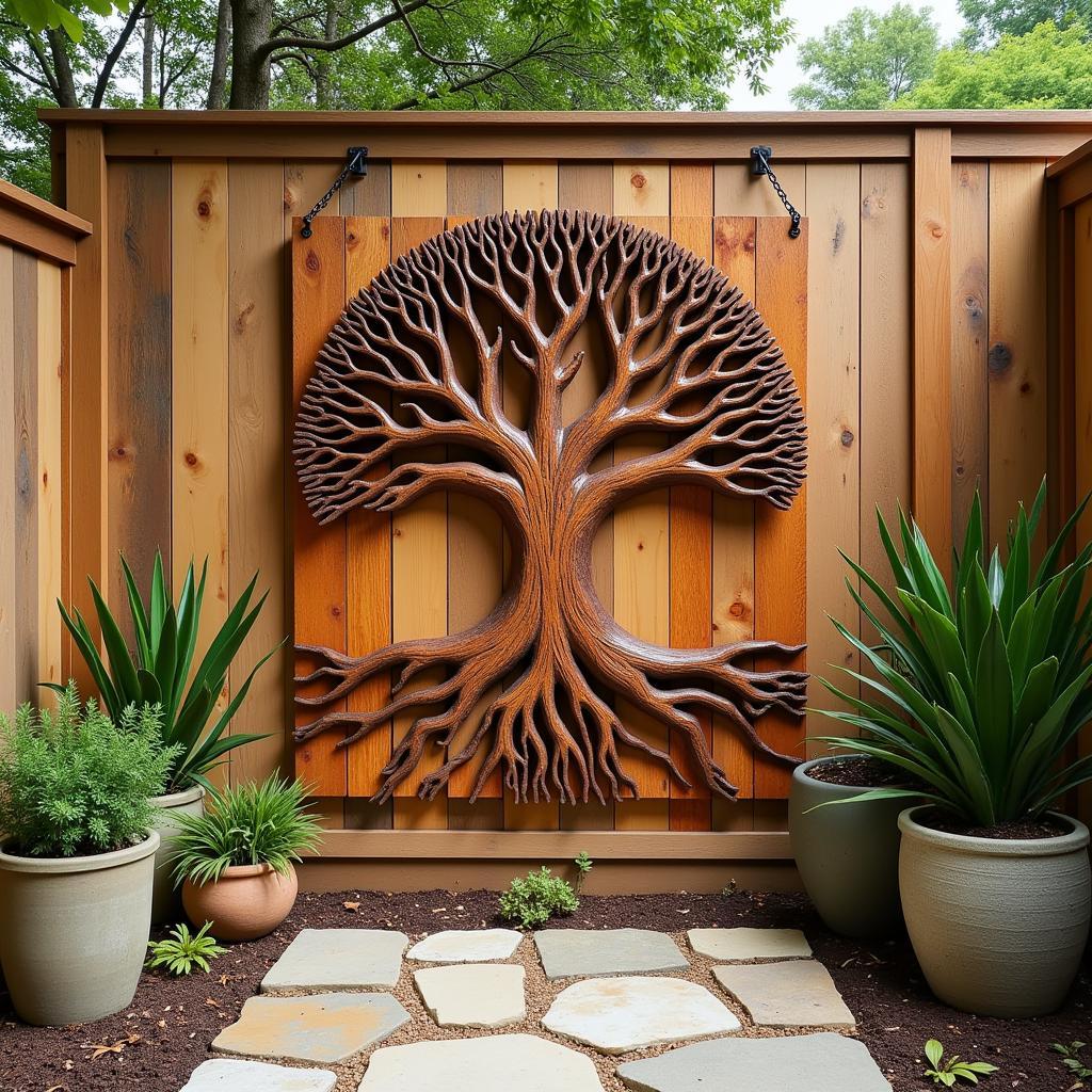 Rustic wooden tree of life wall art adorning a patio area