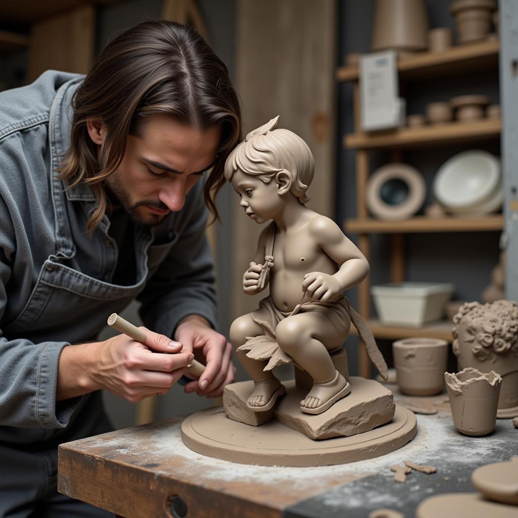 Sculptor meticulously shaping clay with specialized tools in their studio.