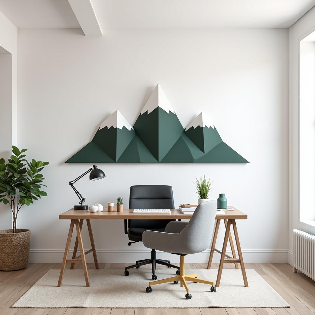 A modern office space featuring 3D mountain wall art.