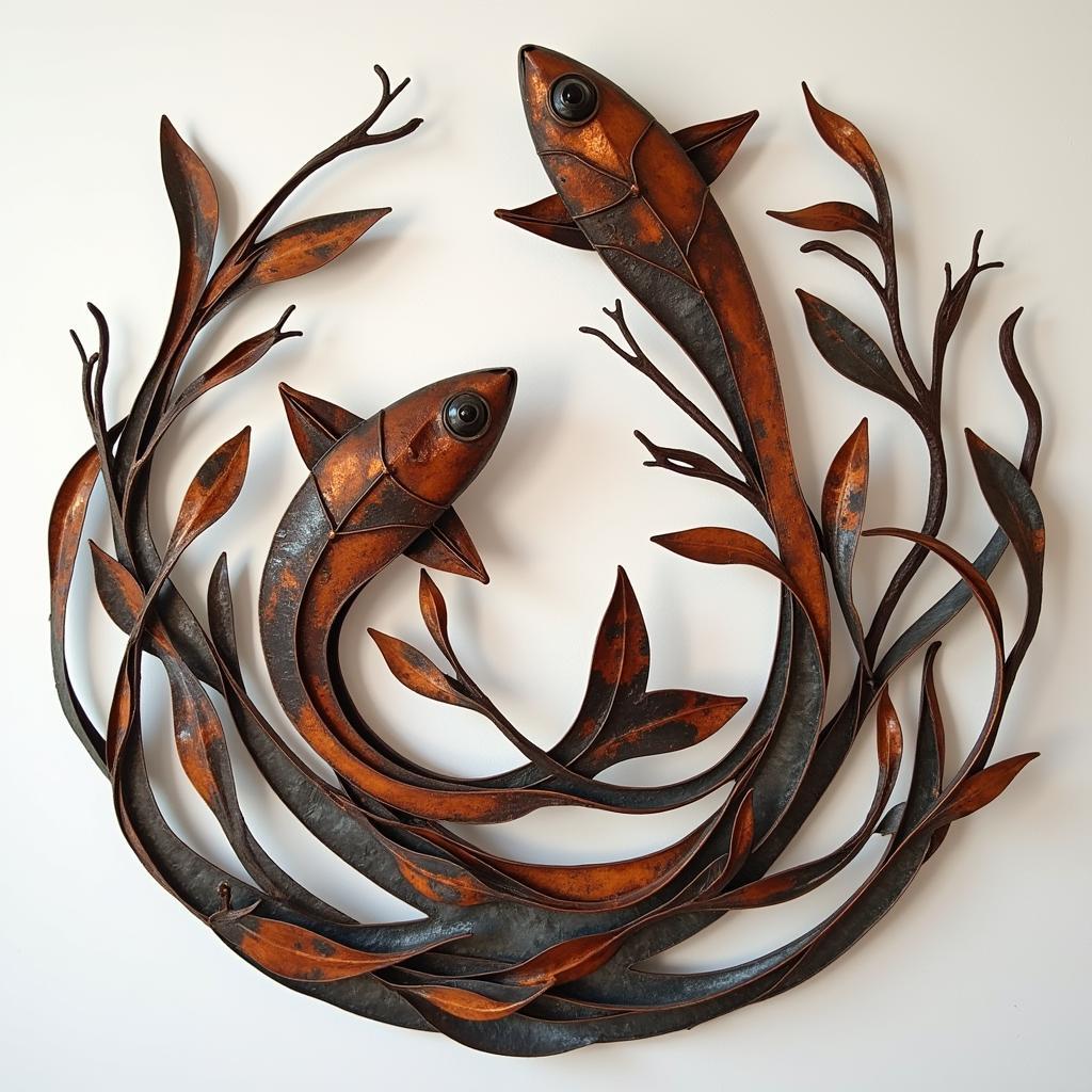 Abstract metal fish wall art using mixed metals