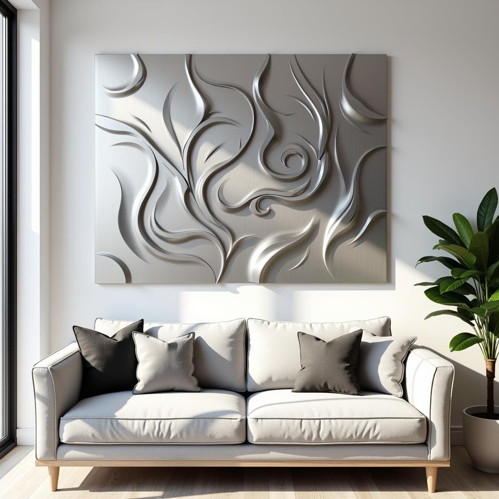 Abstract metal wall art in a modern living room setting