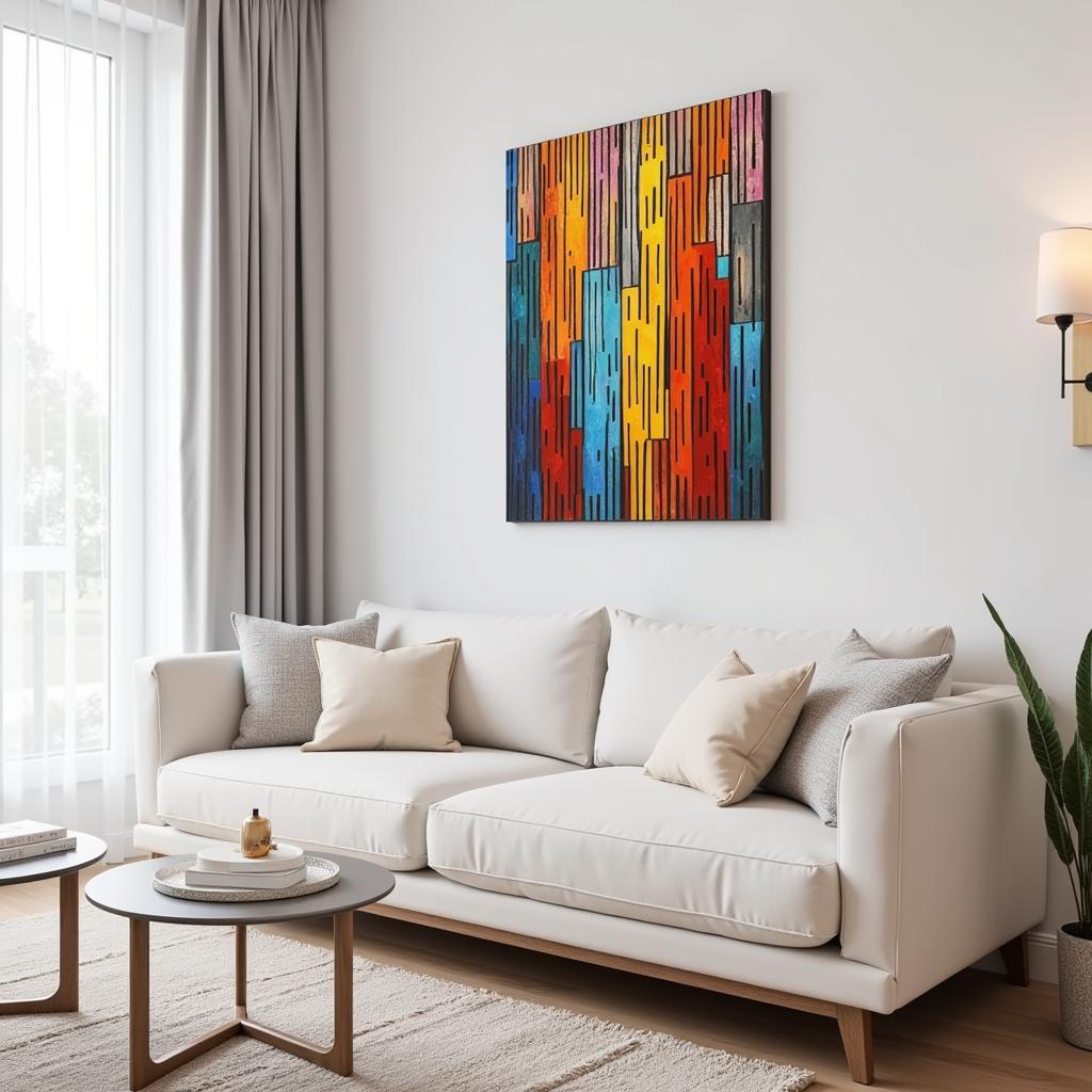 Abstract metal wall art vertical design creates a focal point in a modern living room.