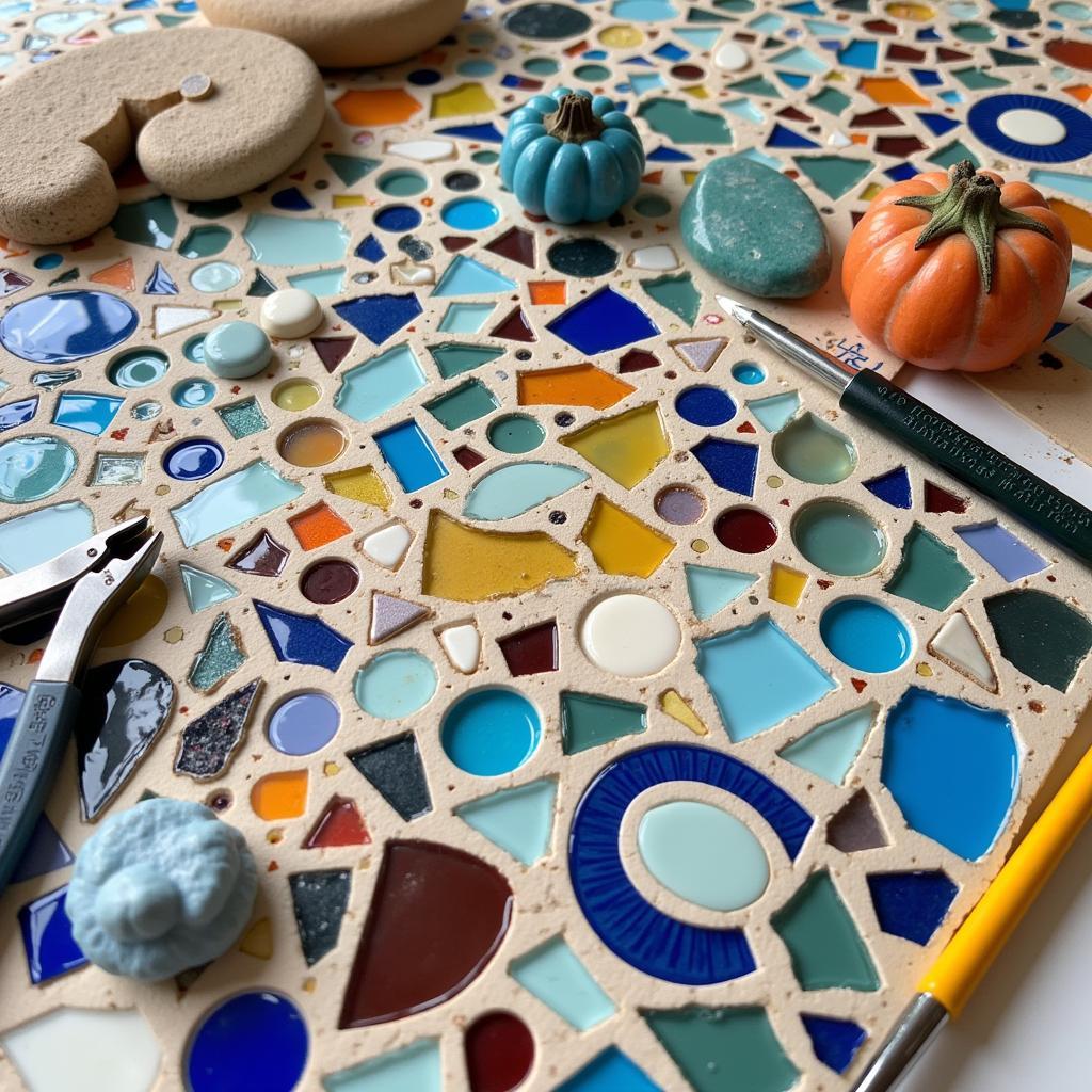 Different materials and techniques used in abstract mosaic art