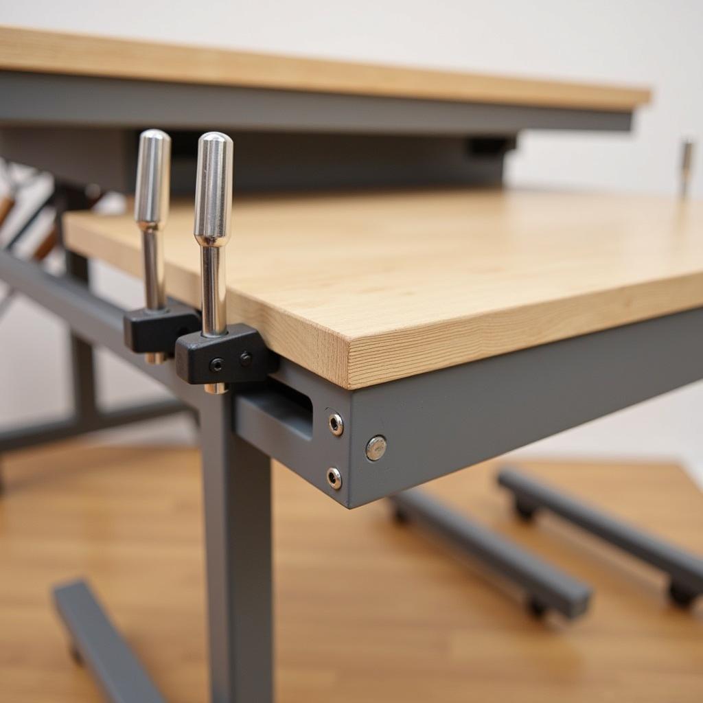 Close-up view of the adjustable height and tilt mechanisms of a painting art table, highlighting its ergonomic features.